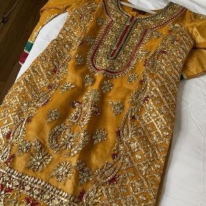3 piece Pakistani kameez sharara medium gold gota